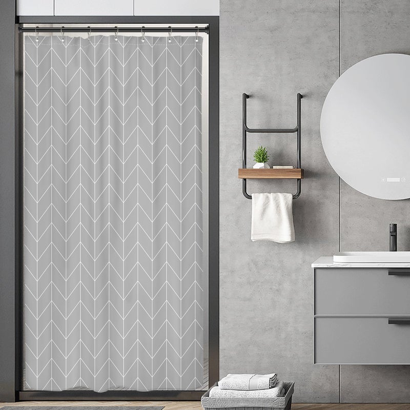 Riyidecor Small Stall RV Gray Grey Shower Curtain Liner for Bathroom Narrow Dorm Half Size Stand Up 36x72 Inches Wide Single Chevron Herringbone Geometric Tiny Walkin Fabric Polyester Bathroom - Image 1